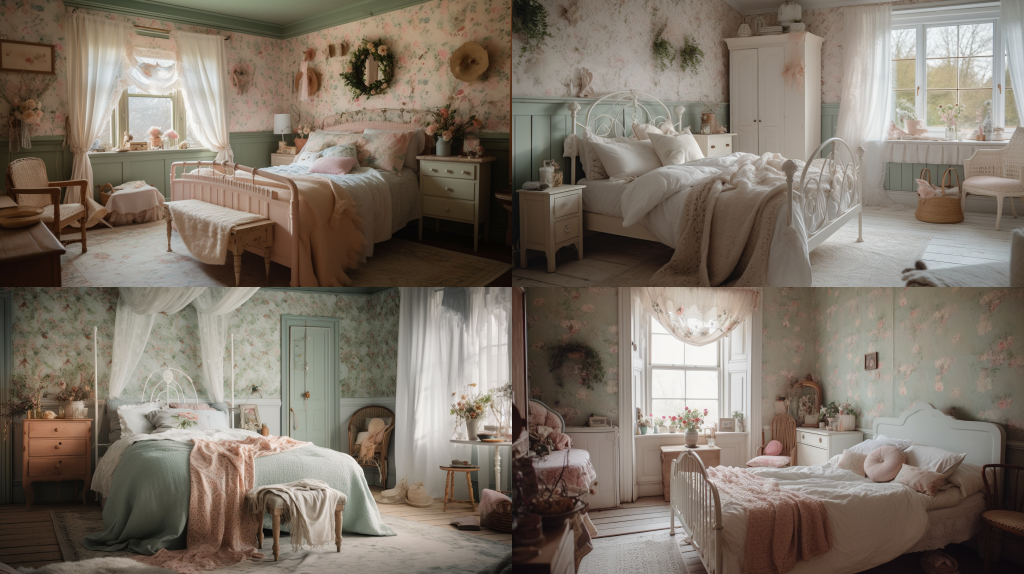 a midjourney generated bedroom in a cottagecore style